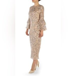 Nwt Mac Duggal Fully Sequined Ruffle Tiered 3/4 Sleeve Midi Dress - Nude